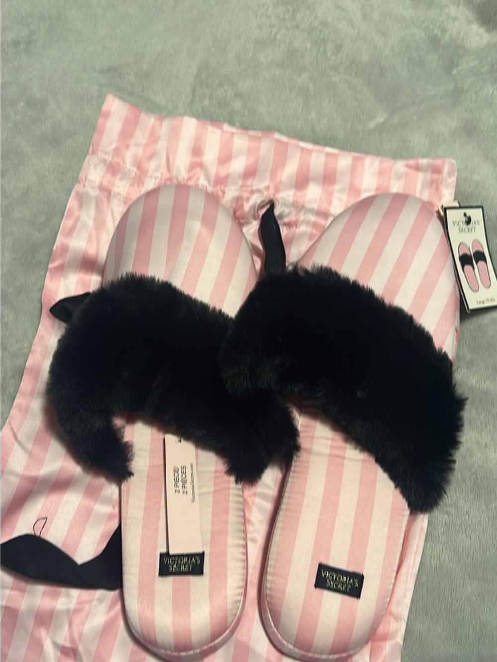 Victoria's Secret Pink & White Striped Slide Sleepers with Black Faux Fur